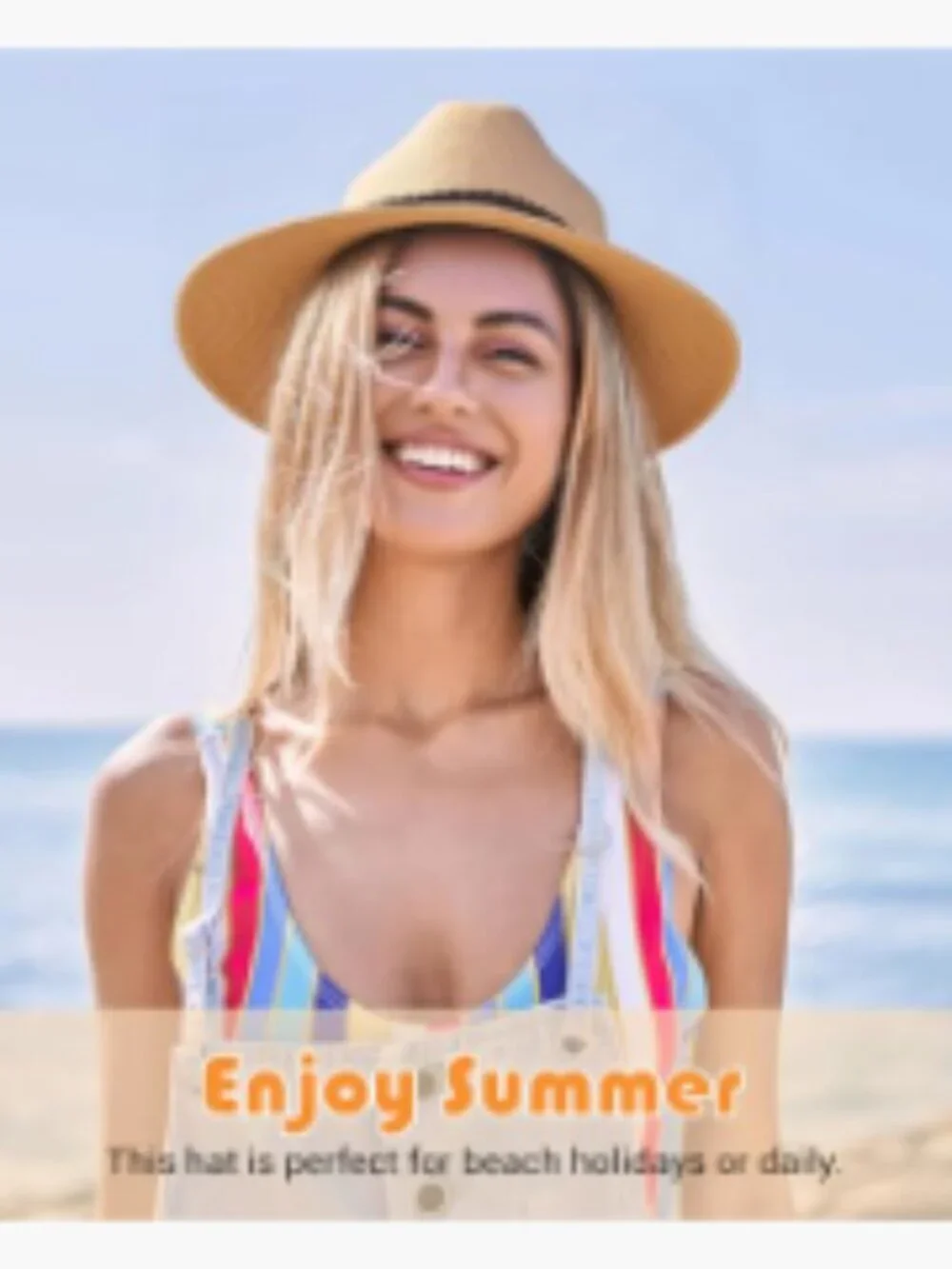 Natural Paper Straw Wide Brim Fedora Sun Hat UPF50+ Adjustable
